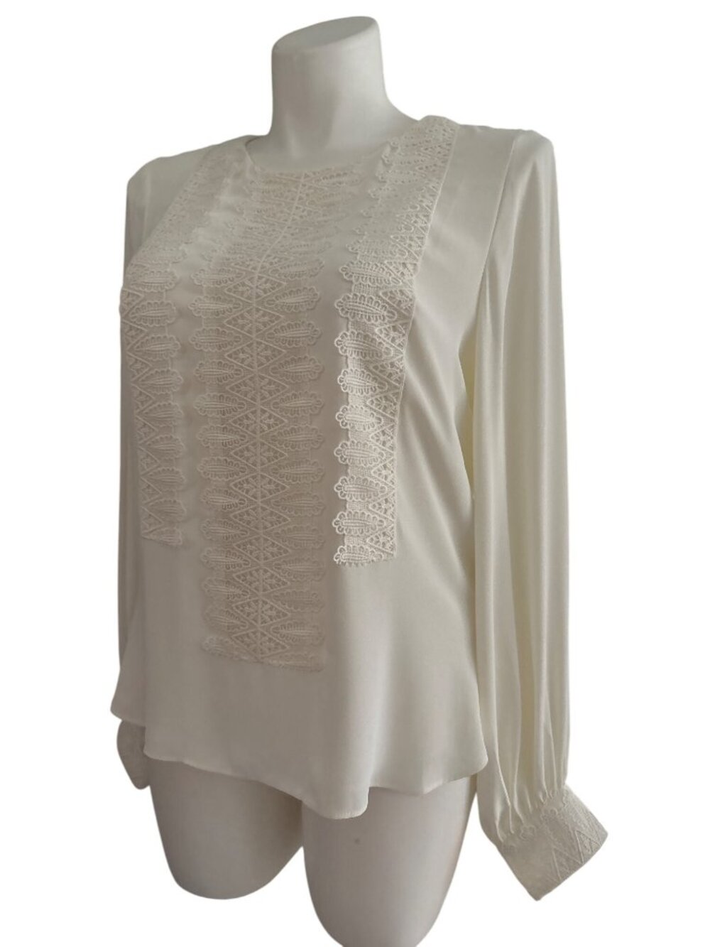 White House Black Market NWT $99 Women's Ecru Lace Trim Blouse Jewel Neck Size L - Picture 9 of 12
